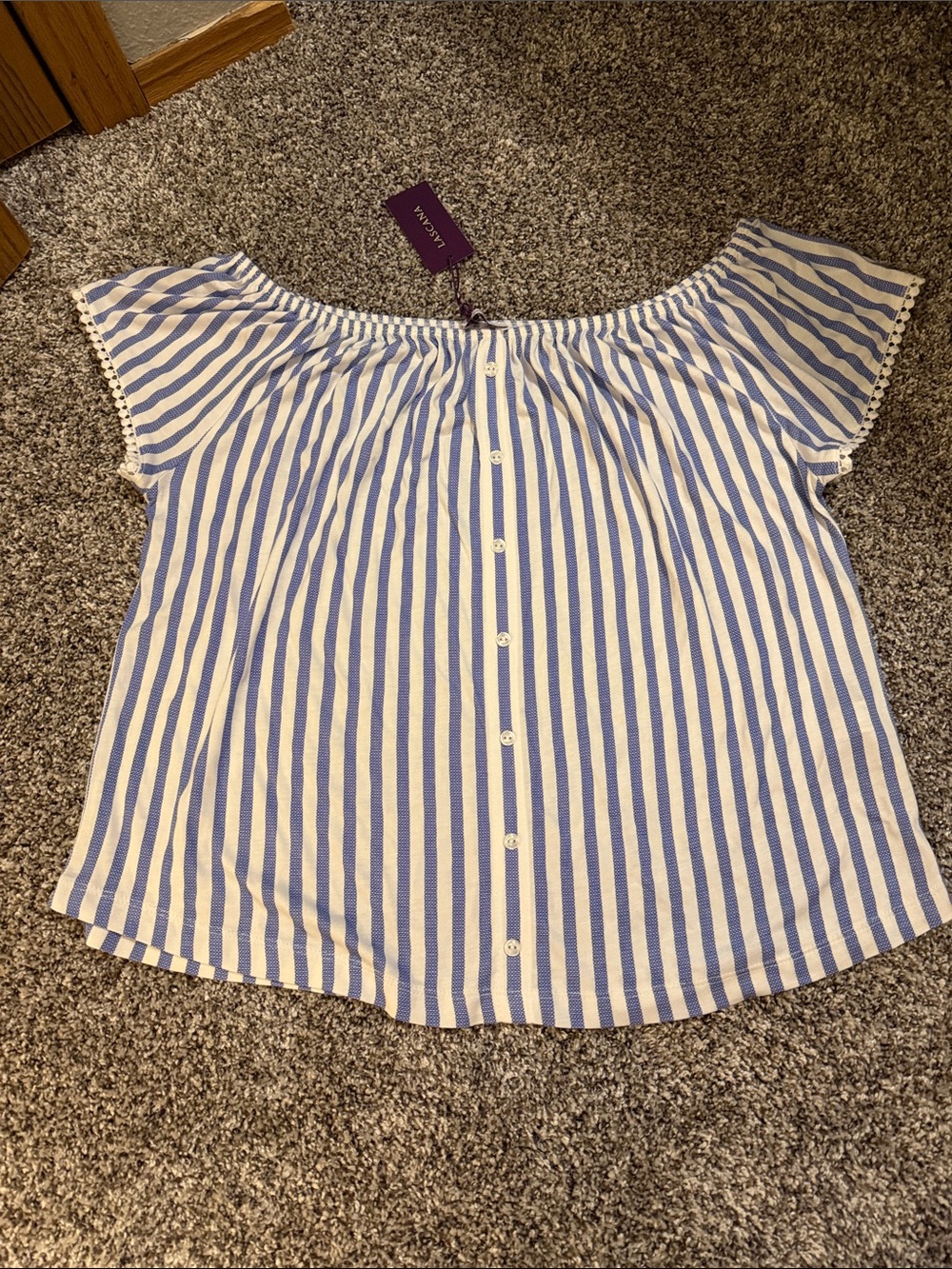 Lascana Conrad Blue & White Striped Off-Shoulder Button-Front Top